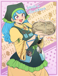 Rule 34 | 1girl, apron, blue hair, breasts, green apron, haniwa (statue), haniyasushin keiki, head scarf, highres, jewelry, large breasts, magatama, magatama necklace, necklace, open mouth, pink eyes, pliers, polka dot, polka dot background, smile, solo, spacezin, tools, touhou, translated, wide sleeves, wrench