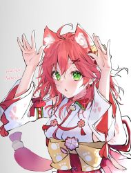 Rule 34 | 1girl, ahoge, animal ears, cat ears, cherry blossom print, chestnut mouth, dated, floral print, green eyes, hair ornament, hairclip, highres, hololive, kiaoekakishitai, looking at viewer, paw print, paw print pattern, pink hair, sakura miko, sakura miko (1st costume), solo, virtual youtuber, x hair ornament