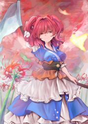 Rule 34 | 1girl, blue dress, breasts, closed mouth, coin, commentary request, corrupted twitter file, dress, flower, hair bobbles, hair ornament, highres, holding, holding scythe, large breasts, looking to the side, medium breasts, mouryou (chimimouryou), obi, onozuka komachi, outdoors, red eyes, red flower, red hair, sash, scythe, short hair, smile, solo, spider lily, touhou, two side up