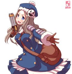 Rule 34 | 1girl, absurdres, artist logo, asakaze (kancolle), bag, beret, blue dress, blue eyes, brown gloves, commentary request, cosplay, dated, dress, etrian odyssey, fur-trimmed dress, fur trim, gloves, gun, gunner (sekaiju), gunner (sekaiju) (cosplay), handgun, hat, highres, kanon (kurogane knights), kantai collection, light brown hair, long hair, looking at viewer, parted bangs, pistol, sekaiju no meikyuu, sekaiju no meikyuu 2, simple background, solo, wavy hair, weapon, white background