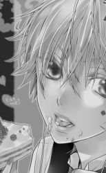 Rule 34 | 1boy, child, eating, food, food in mouth, food on face, hakuseki, kagamine len, male focus, monochrome, portrait, solo, vocaloid