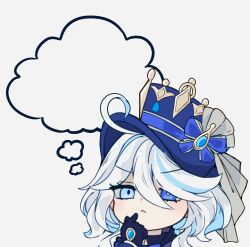 Rule 34 | 1girl, absurdres, ahoge, black gloves, blue bow, blue eyes, blue hat, bow, chibi, commentary request, furina (genshin impact), genshin impact, gloves, hat, hat bow, highres, looking at viewer, melonbread, short hair, solo, thought bubble, top hat, white hair