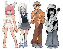 Rule 34 | 1boy, 3girls, animal ears, animification, beanie, black hair, black necktie, blue footwear, blue vest, blunt bangs, blush, bow, brown headwear, brown pants, clenched hand, collared shirt, colored skin, commentary, covered eyes, english commentary, full body, grey footwear, grey pants, grey skin, grey skirt, guitar, hair bow, hair ornament, hairclip, hat, headphones, holding, holding instrument, holding stuffed toy, instrument, long hair, mask, modercated, mouth mask, multiple girls, necktie, pants, pink bow, pink hair, rabbit ears, roblox, shirt, shorts, sidelocks, skirt, smile, socks, strapless, stuffed animal, stuffed toy, teddy bear, tube top, very long hair, vest, white headwear, white shirt, white shorts, white socks, white tube top