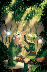 Rule 34 | 1boy, 1girl, :d, artist name, belt, blonde hair, boots, closed eyes, earrings, forest, from side, full body, green footwear, green hair, hairband, head wreath, in tree, jewelry, juby, leaf, light rays, link, long sleeves, nature, navi, nintendo, open mouth, outdoors, parted bangs, pointy ears, profile, revision, saria (zelda), short hair, sitting, sitting in tree, smile, sunbeam, sunlight, the legend of zelda, the legend of zelda: ocarina of time, tree, tunic