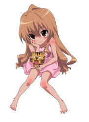 Rule 34 | 1girl, aisaka taiga, barefoot, blush, brown eyes, brown hair, commentary request, dress, full body, hair between eyes, hand on own cheek, hand on own face, highres, long hair, looking at viewer, nyantamaran, official art, palmtop tiger, pink dress, simple background, sitting, smile, toradora!, white background