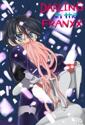 Rule 34 | 10s, 1boy, 1girl, black bodysuit, black hair, blue eyes, bodysuit, commentary request, couple, crying, crying with eyes open, darling in the franxx, eurg2785, fringe trim, gloves, hetero, highres, hiro (darling in the franxx), hug, long hair, pilot suit, pink hair, short hair, tears, white bodysuit, white gloves, zero two (darling in the franxx)