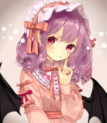 Rule 34 | 1girl, bad id, bad pixiv id, bat wings, black wings, blush, finger to cheek, floral print, gradient background, grey background, headdress, highres, index finger raised, long hair, long sleeves, looking at viewer, nail polish, parted lips, pink ribbon, pointy ears, purple hair, red eyes, red nails, red ribbon, remilia scarlet, ribbon, slit pupils, solo, star (symbol), touhou, upper body, wings, yedan999