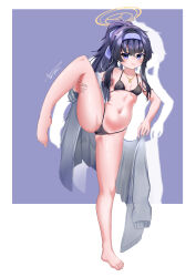 Rule 34 | 1girl, absurdres, bags under eyes, barefoot, bikini, black bikini, black hair, blue archive, blue eyes, blue hairband, breasts, cleft of venus, full body, grey jacket, hairband, highleg, highleg bikini, highres, holding, holding jacket, holding unworn clothes, jacket, jewelry, long hair, necklace, ponytail, purple background, small breasts, solo, standing, standing on one leg, swimsuit, two-tone background, ui (blue archive), ui (swimsuit) (blue archive), unworn jacket, xia baimo