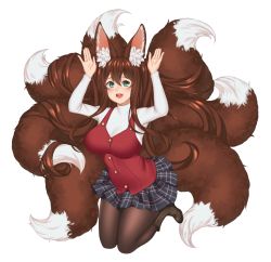 Rule 34 | 1girl, animal ears, arms up, black pantyhose, blush, breasts, brown hair, commission, fox ears, fox girl, fox tail, full body, green eyes, highres, large breasts, long hair, long sleeves, looking at viewer, open mouth, original, pantyhose, plushmallow, skirt, smile, solo, susukitten, tail, teeth, transparent background, upper teeth only