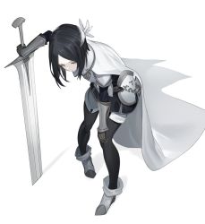 Rule 34 | 1girl, armor, black hair, black pantyhose, boots, bracer, brown gloves, cape, gloves, grey eyes, half-closed eyes, holding, holding sword, holding weapon, km yama, knight, leaning forward, looking at viewer, armored boots, original, pantyhose, pauldrons, planted, planted sword, planted weapon, short hair, shoulder armor, solo, standing, sword, weapon, white cape