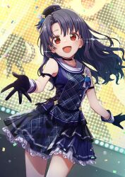 Rule 34 | 1girl, arm ribbon, black choker, black gloves, black hair, black ribbon, blue dress, blue ribbon, blush, breasts, choker, collarbone, confetti, cowboy shot, dot nose, dress, frilled dress, frills, gloves, hat, hat feather, hat ribbon, highres, idolmaster, idolmaster million live!, idolmaster million live! theater days, long hair, looking at viewer, medeshima marota, medium breasts, mini hat, open hand, open mouth, outstretched arms, plaid, plaid dress, reaching, reaching towards viewer, red eyes, ribbon, screen, sleeveless, sleeveless dress, smile, solo, stage lights, star (symbol), takayama sayoko, teardrop