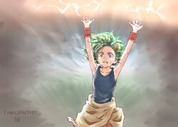 Rule 34 | 1girl, arms up, blue eyes, collarbone, copyright name, crying, crying with eyes open, final fantasy, final fantasy iv, green hair, hair ornament, looking at viewer, magic, rydia (ff4), solo, tama o, tears