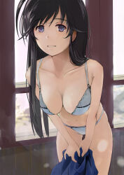 Rule 34 | 1girl, ahoge, black eyes, black hair, blush, bra, breasts, unworn clothes, commentary, day, girls und panzer, grey bra, grey panties, holding, holding clothes, indoors, isuzu hana, lace, lace-trimmed panties, lace trim, leaning forward, light frown, long hair, looking at viewer, medium breasts, navel, panties, parted lips, solo, standing, sunlight, underwear, underwear only, undressing, window, yurikuta tsukumi
