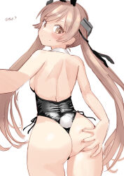 Rule 34 | 1girl, alternate costume, alternate hairstyle, animal ears, ass, ass grab, black leotard, brown eyes, cowboy shot, detached collar, fake animal ears, from behind, highres, johnston (kancolle), kantai collection, leotard, light brown hair, long hair, looking at viewer, looking back, nape, one-hour drawing challenge, playboy bunny, rabbit ears, rabbit tail, selfie, simple background, solo, strapless, strapless leotard, tail, tetsukuzu (yajirushi shita), thong leotard, twintails, white background