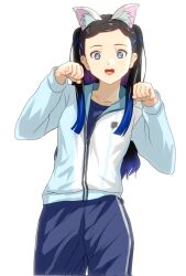 Rule 34 | 1girl, 22/7, animal ears, black hair, blue eyes, blue hair, blue track suit, bxtbsy7q76gxh73, cat ears, collarbone, cowboy shot, highres, jacket, long hair, looking at viewer, multicolored hair, nishiura sora, open mouth, pants, paw pose, shirt, smile, solo, standing, track jacket, track pants, track suit, white background