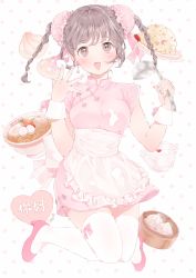 Rule 34 | 1girl, :d, absurdres, apron, bad id, bad pixiv id, baozi, braid, breasts, brown eyes, brown hair, bun cover, china dress, chinese clothes, commentary request, double bun, dress, earrings, female focus, food, food on clothes, fork, fried rice, full body, hair bun, hair ribbon, heart, heart earrings, high heels, highres, jewelry, kamaboko, knees together feet apart, ladle, looking at viewer, narutomaki, noodles, open mouth, original, pale color, pink dress, pink theme, polka dot, polka dot background, ramen, ribbon, shizuko (chipccchip), signature, smile, solo, thighhighs, twin braids, waist apron, white background, white thighhighs, wrist cuffs