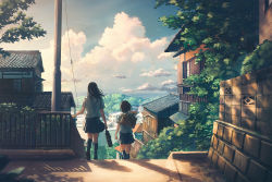 Rule 34 | 2girls, arm at side, arms at sides, backlighting, bag, black footwear, black hair, black skirt, black socks, blue sky, building, cable, cloud, cloudy sky, day, facing away, from behind, hand on railing, hand up, holding, holding bag, house, kneehighs, loafers, long hair, miniskirt, multiple girls, original, outdoors, plant, pleated skirt, railing, scenery, school bag, school uniform, shadow, shirt, shoes, short hair, skirt, sky, socks, stairs, sugi87, town, tree, walking, white shirt, wind