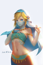 Rule 34 | 1boy, absurdres, bare shoulders, blonde hair, blue eyes, commentary request, crossdressing, dated, detached sleeves, earrings, gerudo set (zelda), grey background, hands up, highres, hood, hood up, jewelry, link, lna (lna384677861), looking at viewer, male focus, midriff, mouth veil, navel, nintendo, official alternate costume, pointy ears, short hair, simple background, skirt, smile, solo, stomach, sunlight, teeth, the legend of zelda, trap, veil