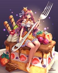 Rule 34 | 1girl, artist name, bare shoulders, blue eyes, blush, bow, breasts, brown hair, cake, cherry, chocolate, cleavage, closed mouth, commentary, crown, dated, detached sleeves, dress, food, fruit, full body, hair between eyes, hair ribbon, high heels, highres, holding, in food, large breasts, ling (doraling12), long hair, looking at viewer, mini person, minigirl, original, oversized object, puffy short sleeves, puffy sleeves, ribbon, short sleeves, sitting, solo, strawberry, striped, striped bow, whipped cream, white ribbon, yellow bow, yellow footwear