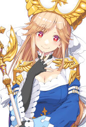 Rule 34 | 1girl, alternate costume, arm belt, belt, black choker, black gloves, blonde hair, blue dress, blush, breasts, bright pupils, cardinal (ragnarok online), choker, cleavage, cleavage cutout, closed mouth, clothing cutout, commentary request, crosier, cross, dress, elbow gloves, fingerless gloves, gloves, gold, golden wings, hat, highres, holding, holding staff, large breasts, long hair, long sleeves, looking at viewer, margaretha sorin, masaki shino, mitre, ragnarok online, red eyes, simple background, smile, solo, staff, swept bangs, two-tone dress, upper body, white background, white belt, white dress, white pupils, wide sleeves