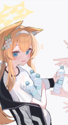 Rule 34 | 1girl, absurdres, animal ear fluff, animal ears, anparu, black jacket, blue archive, blue eyes, blush, bottle, flower, fox ears, fox girl, from side, grey background, gym uniform, hair flower, hair intakes, hair ornament, hair ribbon, hairband, halo, highres, holding, holding bottle, jacket, low ponytail, mari (blue archive), mari (track) (blue archive), off shoulder, official alternate costume, open clothes, open jacket, open mouth, orange hair, ponytail, ribbon, shirt, sidelocks, simple background, solo focus, sportswear, sweat, water bottle, wavy mouth, white ribbon, white shirt