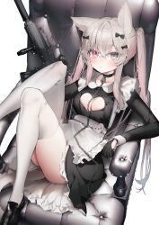 Rule 34 | 1girl, absurdres, animal ears, assault rifle, bell, black gloves, blush, bow, cat ears, cat girl, cat tail, chain, chair, cleavage cutout, clothing cutout, gaming chair, gloves, grey eyes, grey hair, gun, hair between eyes, hair bow, heterochromia, highres, jingle bell, long hair, looking at viewer, maid, neck bell, original, pink eyes, reclining, rifle, sitting, slit pupils, solo, swivel chair, tail, tamafurin, thighhighs, twintails, weapon, white background, white thighhighs
