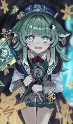 Rule 34 | ahoge, blue eyes, blurry, blurry background, blush, charm (object), collarbone, commentary request, fire, flag, green hair, hair ornament, hat, highres, honkai: star rail, honkai (series), huohuo (honkai: star rail), jacket, jewelry, long hair, looking at viewer, necklace, open mouth, ruruo, talisman, tears