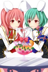 Rule 34 | 07th expansion, 2girls, animal ears, aqua hair, armband, bow, chiester410, chiester45, chiester sisters, drink, drinking, drinking straw, female focus, flower, food, fruit, heart, heart hands, highres, military, military uniform, multiple girls, no naku koro ni (series), orange (fruit), pink hair, rabbit ears, red eyes, shared drink, sitting, table, transparent background, twintails, umineko no naku koro ni, uniform, uzu hi, yuri