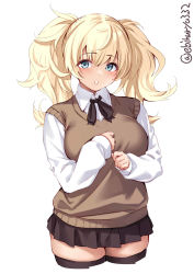 Rule 34 | 1girl, alternate costume, blonde hair, blue eyes, blush, breasts, brown sweater vest, collared shirt, cowboy shot, ebifurya, gambier bay (kancolle), highres, kantai collection, large breasts, light blush, long hair, long sleeves, looking at viewer, neck ribbon, one-hour drawing challenge, pleated skirt, ribbon, school uniform, shirt, simple background, skirt, sweater vest, thighhighs, twintails, twitter username, uniform, white background, white shirt