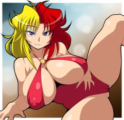 Rule 34 | 1girl, blonde hair, breasts, cameltoe, chara soon, cleavage, cleft of venus, covered erect nipples, gundam, gundam zz, huge breasts, leg lift, lipstick, long hair, lying, makeup, multicolored hair, on side, one-piece swimsuit, purple eyes, purple lips, red hair, revealing clothes, sideboob, smile, solo, split-color hair, swimsuit, tsucky, two-tone hair