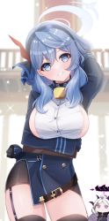 Rule 34 | 2girls, absurdres, ahoge, ako (blue archive), arm under breasts, arm up, bell, belt, black legwear, black skirt, blue archive, blue coat, blue eyes, blue gloves, blue hair, blue hairband, blue jacket, breast hold, breasts, brown belt, buttons, chain, chibi, coat, cowboy shot, demon horns, double-breasted, expressionless, fukemachi, fur collar, garter straps, gloves, grin, hair between eyes, hair ribbon, hairband, highres, hina (blue archive), horns, jacket, large breasts, long hair, long sleeves, looking at viewer, military, military uniform, miniskirt, multiple girls, multiple horns, neck bell, purple eyes, red ribbon, ribbon, shirt, sideboob, silver hair, skirt, smile, sparkle, thighhighs, uniform, white shirt