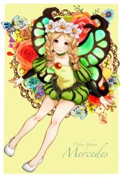 Rule 34 | 1girl, bad id, bad pixiv id, blonde hair, blue flower, blue rose, braid, butterfly wings, character name, copyright name, flower, full body, hair flower, hair ornament, head wreath, highres, insect wings, long hair, mercedes (odin sphere), odin sphere, orange flower, orange rose, pointy ears, puff and slash sleeves, puffy sleeves, red eyes, red flower, red rose, rose, simple background, solo, twin braids, white footwear, wings, yellow flower, yellow rose