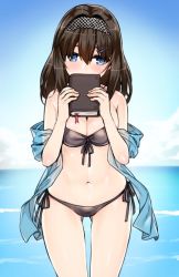 Rule 34 | 10s, 1girl, bad id, bad twitter id, bikini, black bikini, blue eyes, blue sky, book, breasts, brown hair, cleavage, cloud, cloudy sky, covering own mouth, cowboy shot, day, fingernails, front-tie bikini top, front-tie top, gluteal fold, groin, hair between eyes, hair ornament, hairband, hairclip, half-closed eyes, hands up, holding, holding book, idolmaster, idolmaster cinderella girls, large breasts, long fingernails, long hair, looking to the side, navel, ocean, outdoors, sagisawa fumika, shawl, side-tie bikini bottom, sky, solo, standing, stomach, strapless, strapless bikini, swimsuit, tama (tamatamo), water
