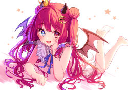 Rule 34 | 1girl, :d, absurdres, barefoot, blue eyes, blue ribbon, blush, commentary, crescent, crescent hair ornament, crown, demon horns, demon wings, double bun, dress, fang, frilled dress, frills, full body, hair bobbles, hair bun, hair ornament, heterochromia, highres, horns, legs up, long hair, looking at viewer, lq saku, lying, mini crown, neck ribbon, nijisanji, on stomach, open mouth, red eyes, red hair, ribbon, simple background, skin fang, sleeveless, sleeveless dress, smile, solo, star (symbol), symbol-only commentary, two side up, virtual youtuber, white background, white dress, wings, yuzuki roa