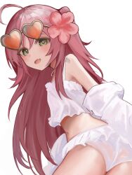 Rule 34 | 1girl, ahoge, arknights, bare shoulders, bikini, bikini under clothes, blush, brown hair, commentary request, eyewear on head, fang, flower, frilled bikini, frills, green eyes, ha (huton in mach), hair between eyes, hair flower, hair ornament, heart, heart-shaped eyewear, highres, jacket, long hair, looking at viewer, looking to the side, myrtle (arknights), myrtle (summer flowers) (arknights), navel, off shoulder, one side up, open mouth, red-tinted eyewear, red flower, simple background, solo, swimsuit, tinted eyewear, very long hair, white background, white bikini, white jacket