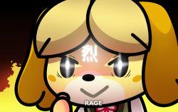 Rule 34 | + +, 1girl, :&gt;, aggressive retsuko, animal crossing, animal ears, black eyes, blonde hair, blush stickers, closed mouth, dog ears, dog girl, english text, female focus, fire, furry, furry female, glowing, glowing eyes, gradient background, green vest, hand up, isabelle (animal crossing), japanese text, jojodear, jpeg artifacts, neck ribbon, nintendo, parody, red background, red ribbon, ribbon, shirt, short hair, simple background, smile, solo, style parody, upper body, vest, white shirt