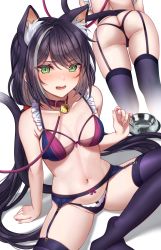 Rule 34 | 1girl, animal ear fluff, animal ears, ass, bare arms, bare shoulders, bell, black bra, black hair, black panties, bowl, bra, breasts, cat ears, cat girl, cat tail, choker, fang, frills, garter belt, green eyes, highres, jingle bell, karyl (princess connect!), leash, long hair, looking at viewer, low twintails, medium breasts, multicolored hair, multiple views, navel, open mouth, panties, pet bowl, princess connect!, purple thighhighs, saruei, sitting, stomach, streaked hair, sweat, tail, thighhighs, twintails, underwear, very long hair, viewer holding leash