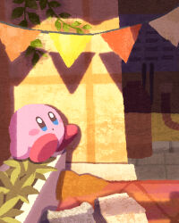 Rule 34 | blue eyes, blush stickers, evening, highres, kirby, kirby (series), looking at viewer, miclot, nintendo, open mouth, pink footwear, plant, potted plant, shoes, sitting, string of flags, ventilation shaft