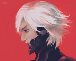 Rule 34 | 1boy, artist name, blue eyes, cyborg, kosan, looking down, male focus, mechanical parts, metal gear (series), metal gear solid 4: guns of the patriots, parted lips, portrait, profile, raiden (metal gear), red background, short hair, simple background, solo, white hair