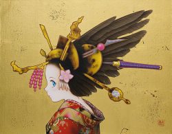 Rule 34 | 1girl, blue eyes, comb, feather hair, feathers, flower, fudegamijp, hair flower, hair ornament, japanese clothes, kanzashi, kimono, profile, solo, wall