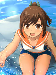 Rule 34 | 10s, 1girl, breasts, brown eyes, brown hair, hair ornament, hairclip, highres, i-401 (kancolle), inanaki shiki, kantai collection, looking at viewer, one-piece swimsuit, ponytail, sailor collar, school swimsuit, short ponytail, small breasts, solo, splashing, swimsuit, swimsuit under clothes, tan, tanline, water
