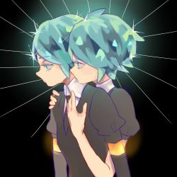 Rule 34 | 2others, androgynous, colored eyelashes, crystal hair, dual persona, elbow gloves, gem uniform (houseki no kuni), gloves, glowing, glowing hair, golden arms, green eyes, green hair, highres, houseki no kuni, hug, hug from behind, multiple others, necktie, phosphophyllite, short hair, upper body