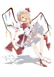 Rule 34 | 1girl, absurdres, apron, ascot, blonde hair, blush, chinese commentary, collared shirt, crystal, flandre scarlet, frilled apron, frilled skirt, frills, full body, hair between eyes, hat, high heels, highres, huangyou, long hair, mob cap, one side up, orange ascot, red eyes, red footwear, red skirt, red vest, shadow, shirt, short sleeves, simple background, skirt, solo, touhou, vest, waist apron, white apron, white background, white hat, white shirt, wrist cuffs