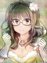 Rule 34 | 1girl, akizuki ritsuko, antenna hair, breasts, brown eyes, brown hair, cleavage, glasses, gloves, idolmaster, idolmaster (classic), jewelry, looking at viewer, luncheon meat umai, necklace, smile, solo
