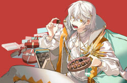 Rule 34 | 1boy, alchemy stars, box, chocolate, coat, couch, crossed legs, feet out of frame, food, gift, gift box, hair ornament, holding, holding chocolate, holding food, kyouichi, long sleeves, looking at viewer, male focus, matthieu (alchemy stars), open clothes, open coat, open mouth, pants, red background, sharp teeth, shirt, short hair, sitting, solo, teeth, valentine, white coat, white hair, white pants, white shirt, yellow eyes