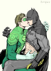 Rule 34 | 2boys, abs, artist name, bara, batman (series), belt, black cape, black gloves, bodysuit, brown hair, bruce wayne, cape, clothes lift, dc comics, domino mask, evinist, french kiss, gloves, green bodysuit, green lantern, green lantern (series), grey bodysuit, hal jordan, highres, jewelry, kiss, large pectorals, male focus, mask, multiple boys, muscular, muscular male, open belt, pectorals, ring, short hair, sitting, sitting on person, tongue, tongue out, white gloves, yaoi