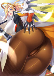 Rule 34 | 1girl, acami, artist name, ass, ass focus, bad id, bad pixiv id, blonde hair, blue eyes, breasts, cameltoe, crotch seam, gloves, halo, highres, large breasts, long hair, looking at viewer, looking back, looking down, md5 mismatch, mechanical halo, mechanical wings, mercy (overwatch), overwatch, overwatch 1, pantyhose, signature, smile, solo, thighs, wings
