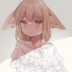 Rule 34 | 1girl, animal ear fluff, animal ears, bare shoulders, blonde hair, brown eyes, closed mouth, collarbone, commentary request, dress, expressionless, fennec (kemono friends), fox ears, frills, grey background, highres, kemono friends, layered dress, looking at viewer, medium hair, off shoulder, shadow, simple background, solo, suicchonsuisui, upper body, wall