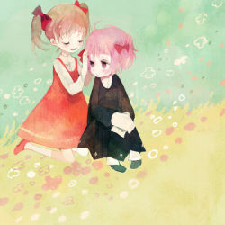 Rule 34 | 00s, androgynous, bad id, bad pixiv id, black dress, blonde hair, blouse, blush, bow, child, crona (soul eater), dress, closed eyes, flower, gender request, grass, hair bow, kneeling, maka albarn, pechika, pink hair, red dress, ribbon, shirt, shoes, short hair, sitting, socks, soul eater, twintails, aged down