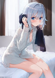 Rule 34 | 1girl, blue eyes, blush, breasts, from side, fuumi (radial engine), hair intakes, indoors, looking at viewer, on bed, ryuuou no oshigoto!, shirt, short hair, silver hair, sitting, small breasts, sora ginko, towel, wet, wet clothes, wet hair, white shirt